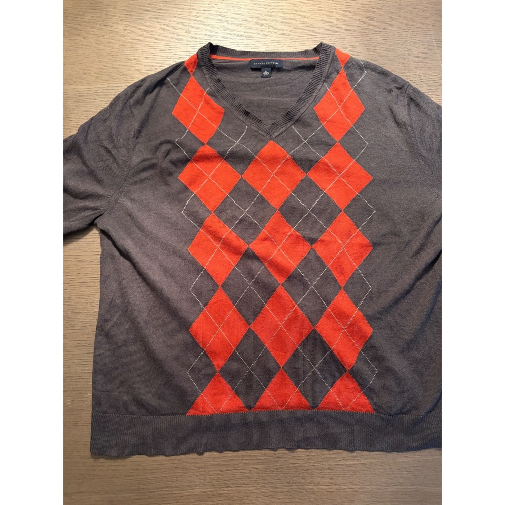 Banana Republic Mens Silk Cashmere Argyle V-Neck Sweater Grey Orange XL